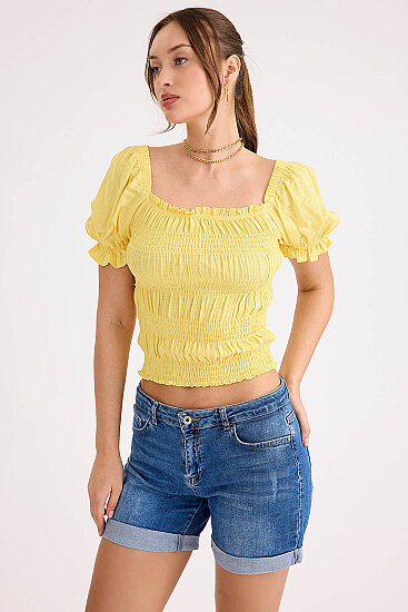 Kare Yaka Viskon Keten Crop Bluz - 35