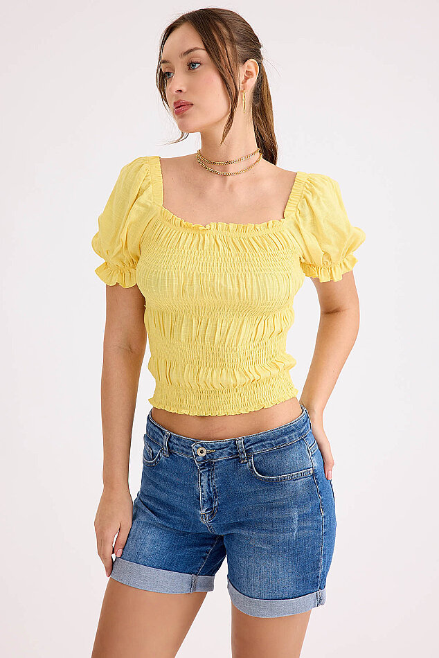 Kare Yaka Viskon Keten Crop Bluz - 35