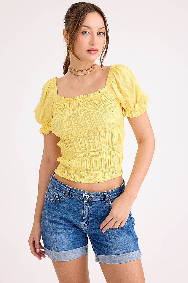 Kare Yaka Viskon Keten Crop Bluz - 33