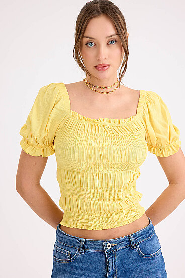 Kare Yaka Viskon Keten Crop Bluz - 36