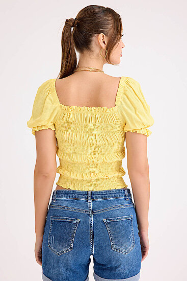 Kare Yaka Viskon Keten Crop Bluz - 37