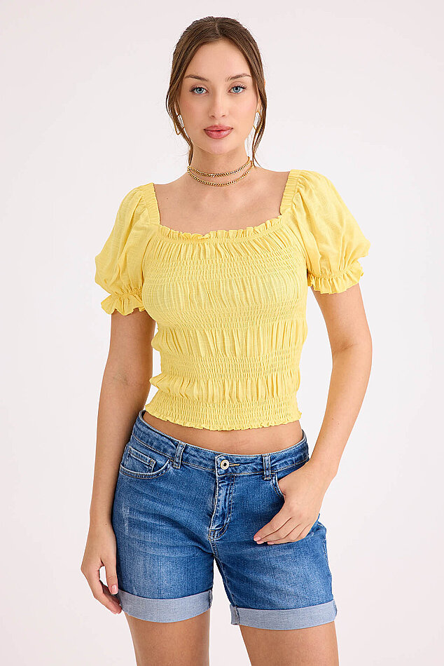 Kare Yaka Viskon Keten Crop Bluz - 38