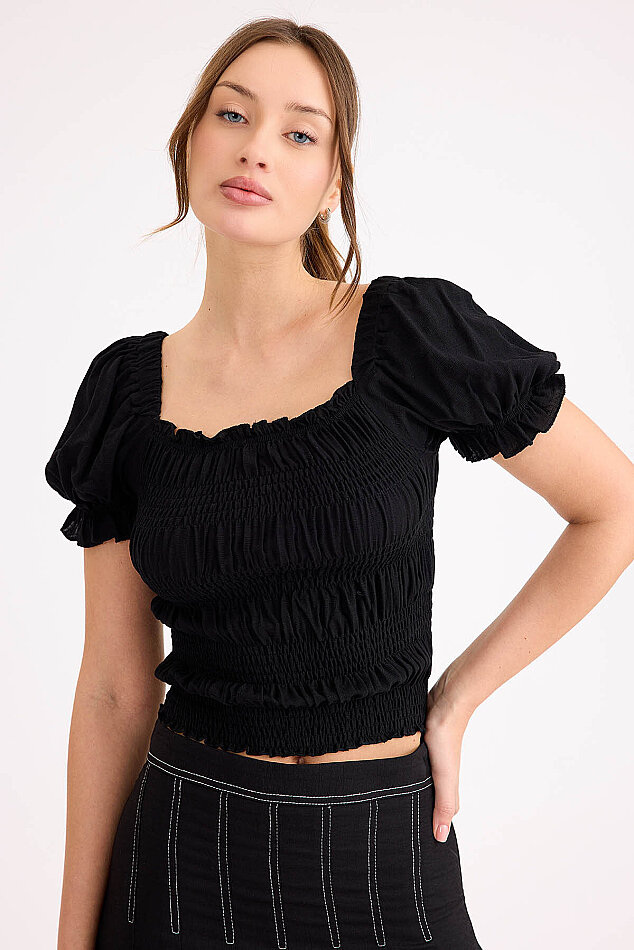 Kare Yaka Viskon Keten Crop Bluz - 39
