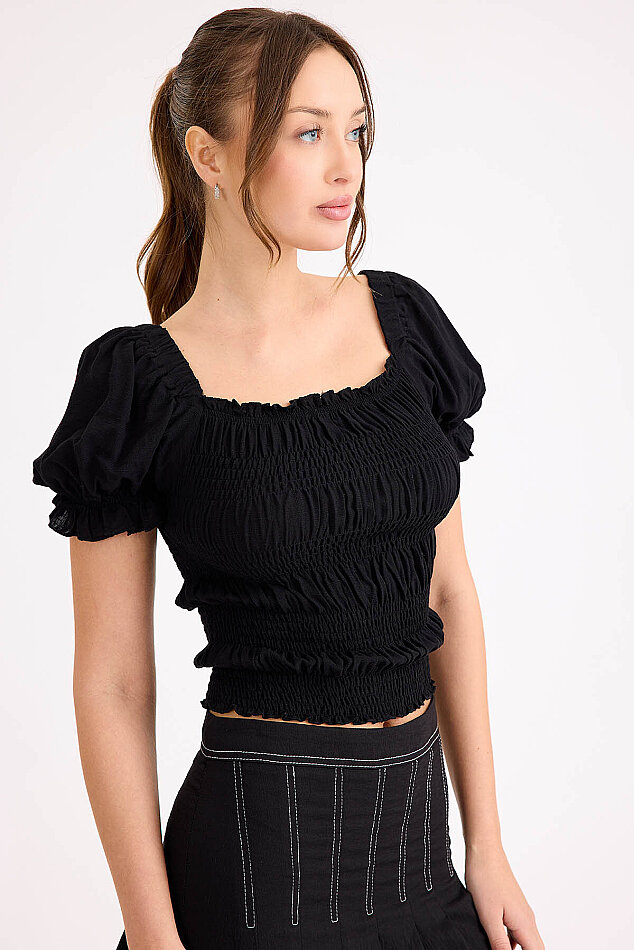 Kare Yaka Viskon Keten Crop Bluz - 42