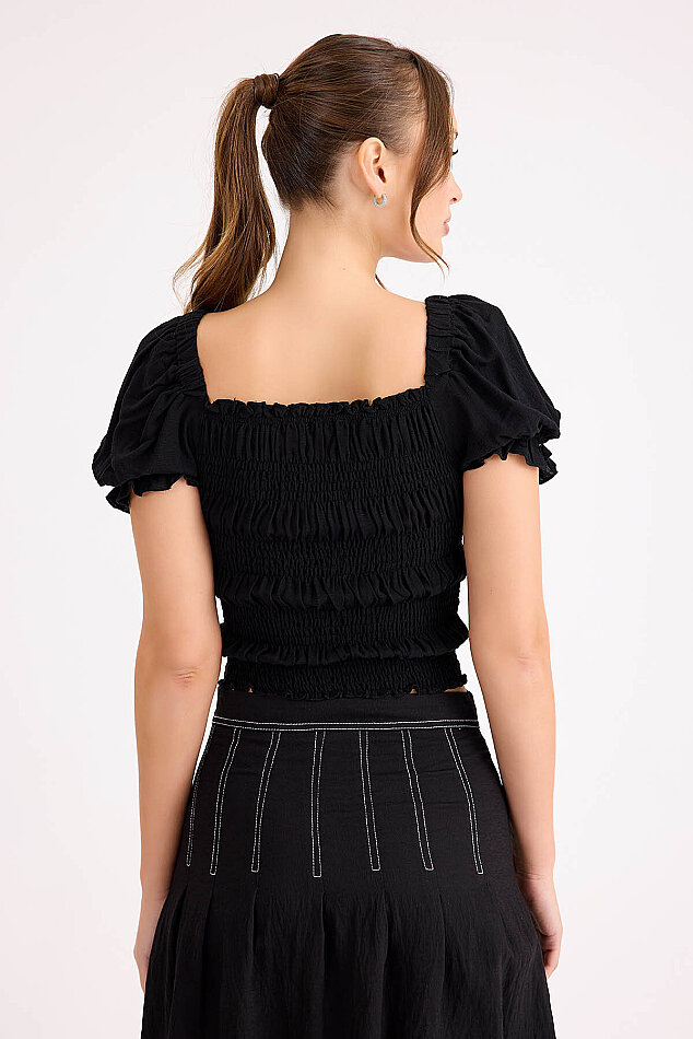 Kare Yaka Viskon Keten Crop Bluz - 43