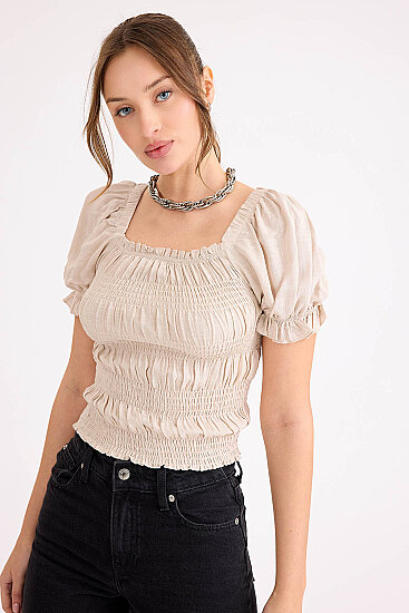 Kare Yaka Viskon Keten Crop Bluz - 47