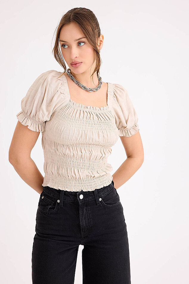Kare Yaka Viskon Keten Crop Bluz - 49
