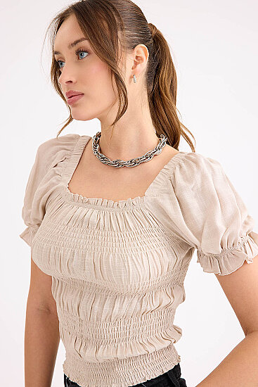 Kare Yaka Viskon Keten Crop Bluz - 51