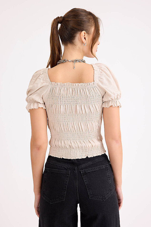 Kare Yaka Viskon Keten Crop Bluz - 48