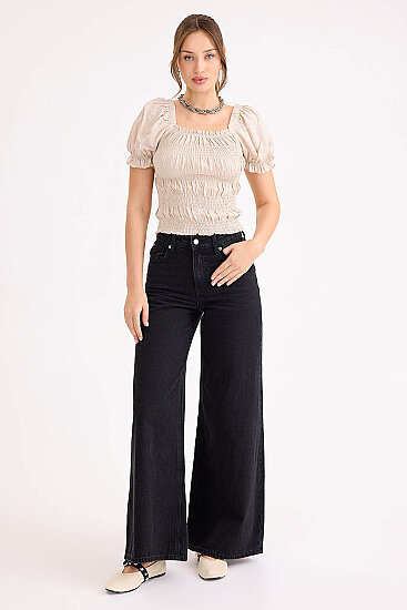 Kare Yaka Viskon Keten Crop Bluz - 45