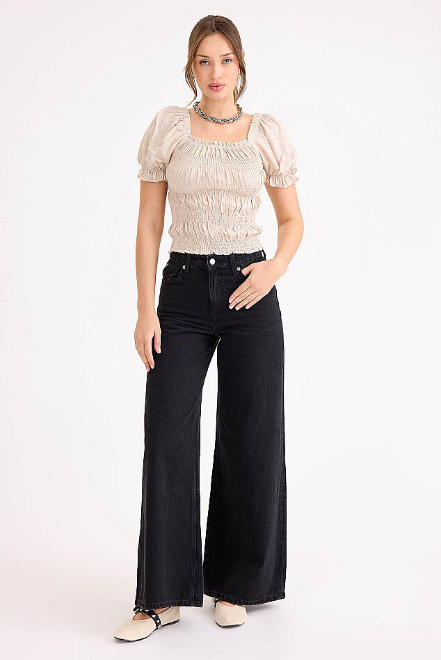 Kare Yaka Viskon Keten Crop Bluz - 45