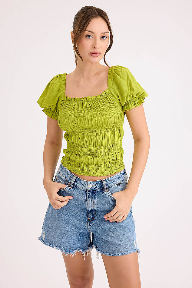 Kare Yaka Viskon Keten Crop Bluz - 54