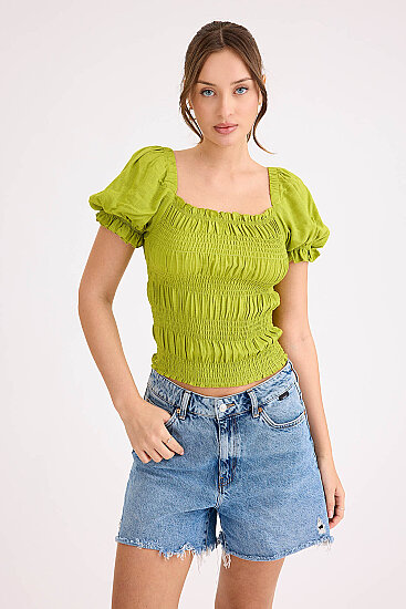 Kare Yaka Viskon Keten Crop Bluz - 52