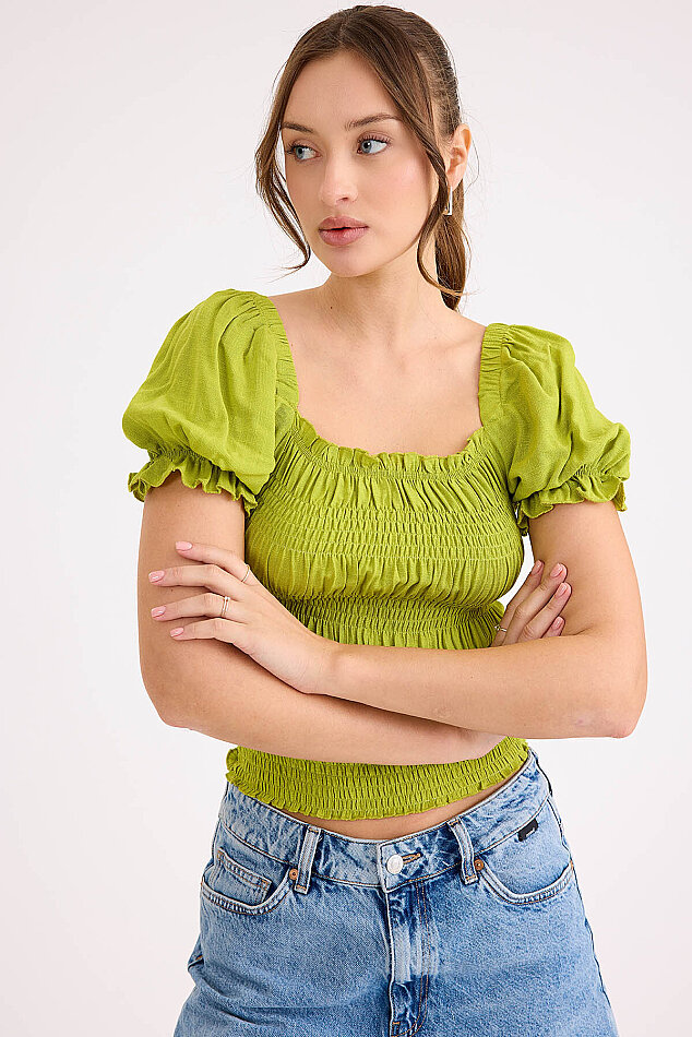 Kare Yaka Viskon Keten Crop Bluz - 55