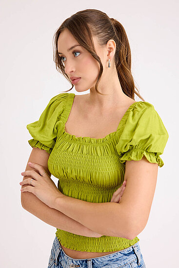 Kare Yaka Viskon Keten Crop Bluz - 57