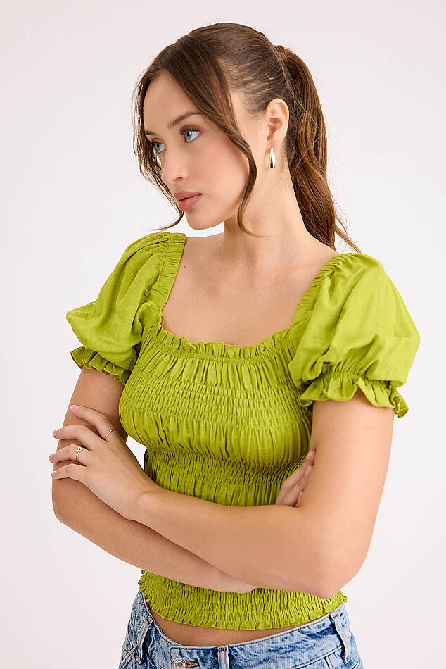 Kare Yaka Viskon Keten Crop Bluz - 57