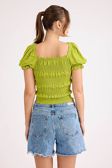 Kare Yaka Viskon Keten Crop Bluz - 56
