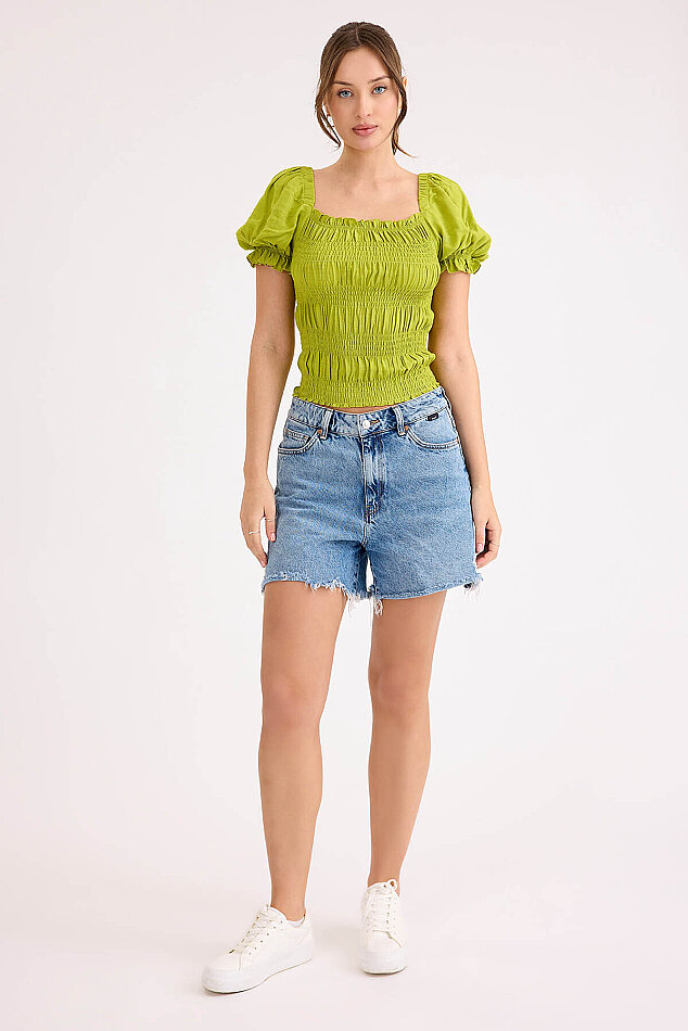 Kare Yaka Viskon Keten Crop Bluz - 53