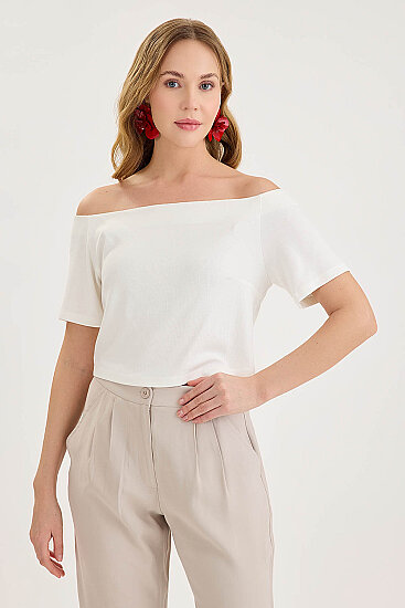Kayık Yaka Crop Bluz - 1