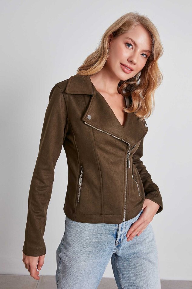 Kelebek Yaka Suni Süet Biker Ceket - 34