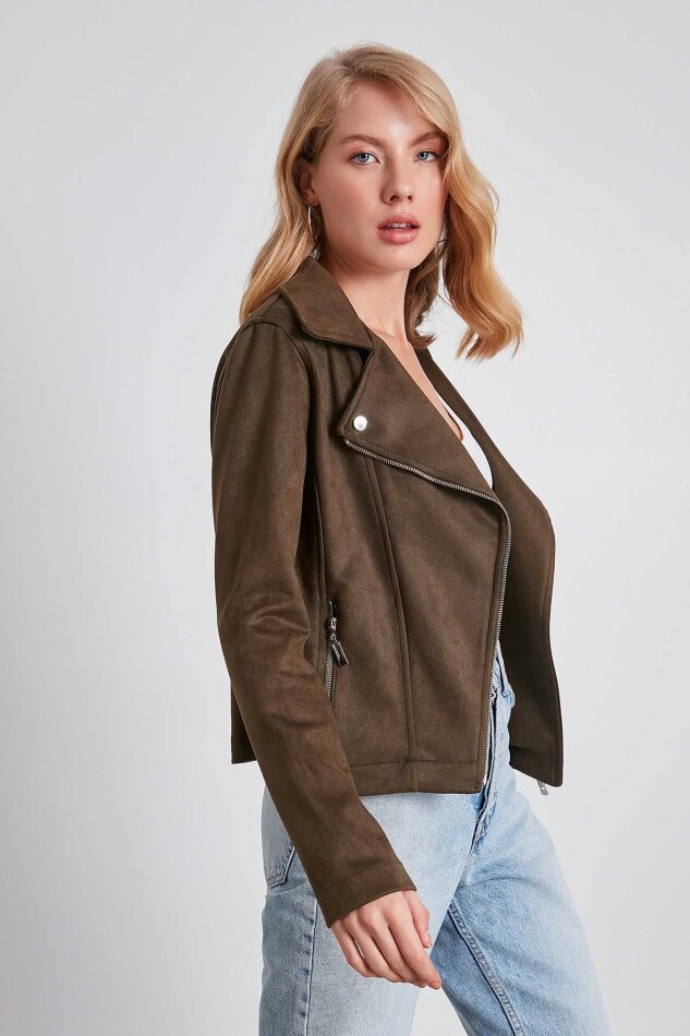 Kelebek Yaka Suni Süet Biker Ceket - 31