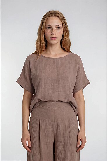 Kısa Kol Oversize Keten Bluz - 1