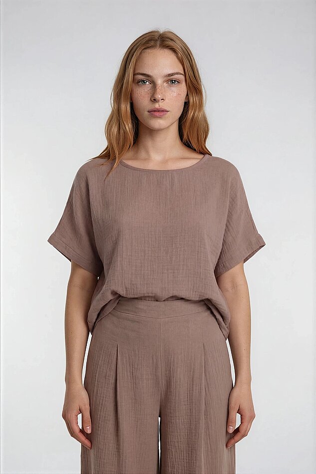 Kısa Kol Oversize Keten Bluz - 1