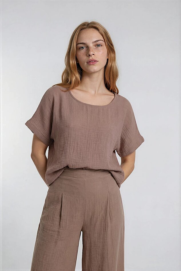 Kısa Kol Oversize Keten Bluz - 3