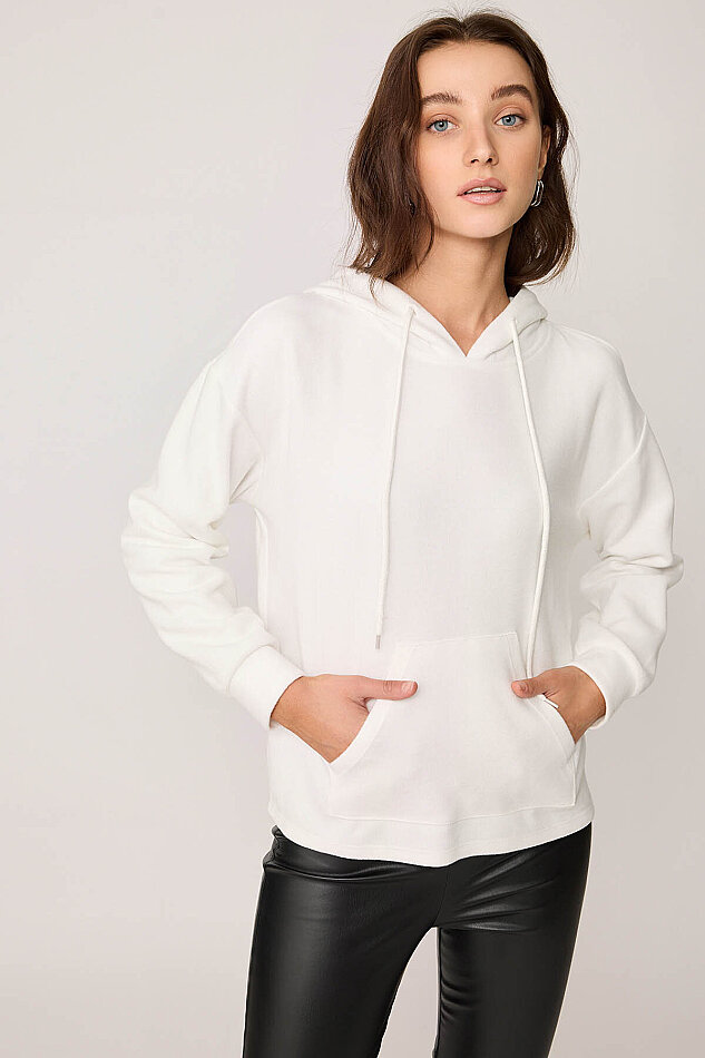 Omuz Dekolteli Kanguru Cep Kapüşonlu Sweatshirt - 6