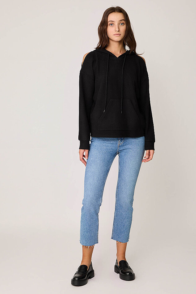 Omuz Dekolteli Kanguru Cep Kapüşonlu Sweatshirt - 9