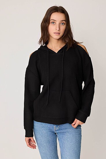 Omuz Dekolteli Kanguru Cep Kapüşonlu Sweatshirt - 12
