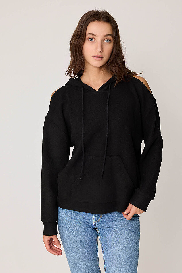 Omuz Dekolteli Kanguru Cep Kapüşonlu Sweatshirt - 12