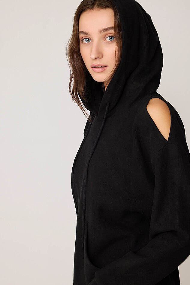 Omuz Dekolteli Kanguru Cep Kapüşonlu Sweatshirt - 10
