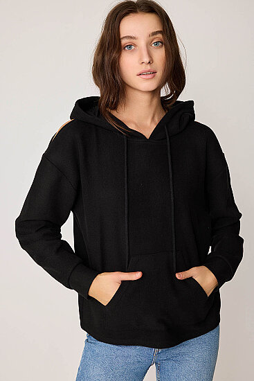 Omuz Dekolteli Kanguru Cep Kapüşonlu Sweatshirt - 11
