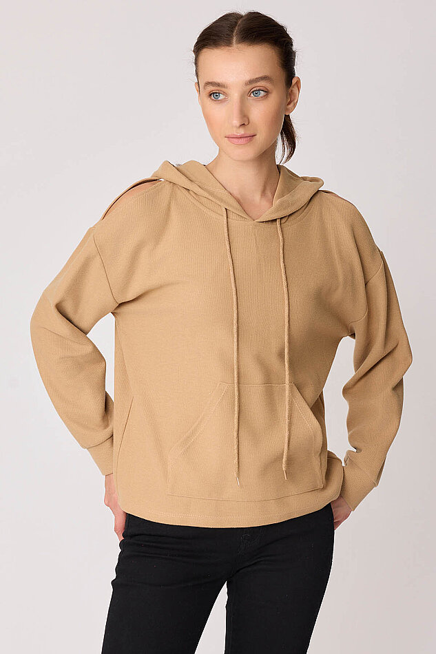 Omuz Dekolteli Kanguru Cep Kapüşonlu Sweatshirt - 16