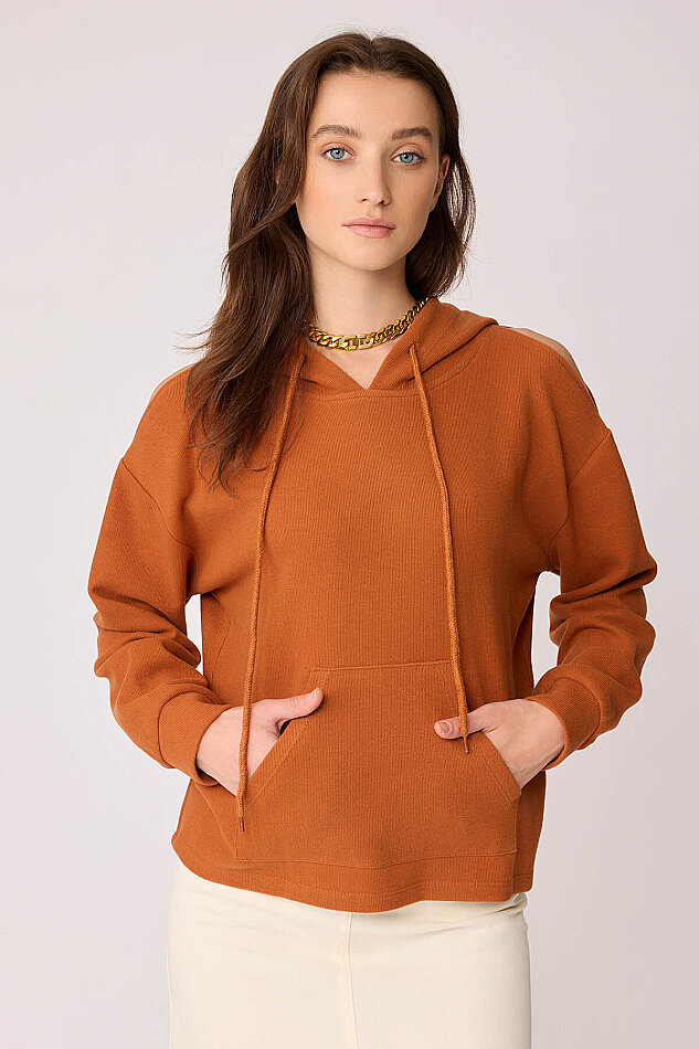 Omuz Dekolteli Kanguru Cep Kapüşonlu Sweatshirt - 20