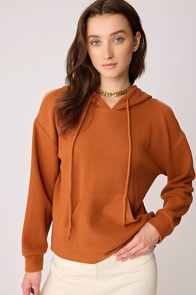 Omuz Dekolteli Kanguru Cep Kapüşonlu Sweatshirt - 21