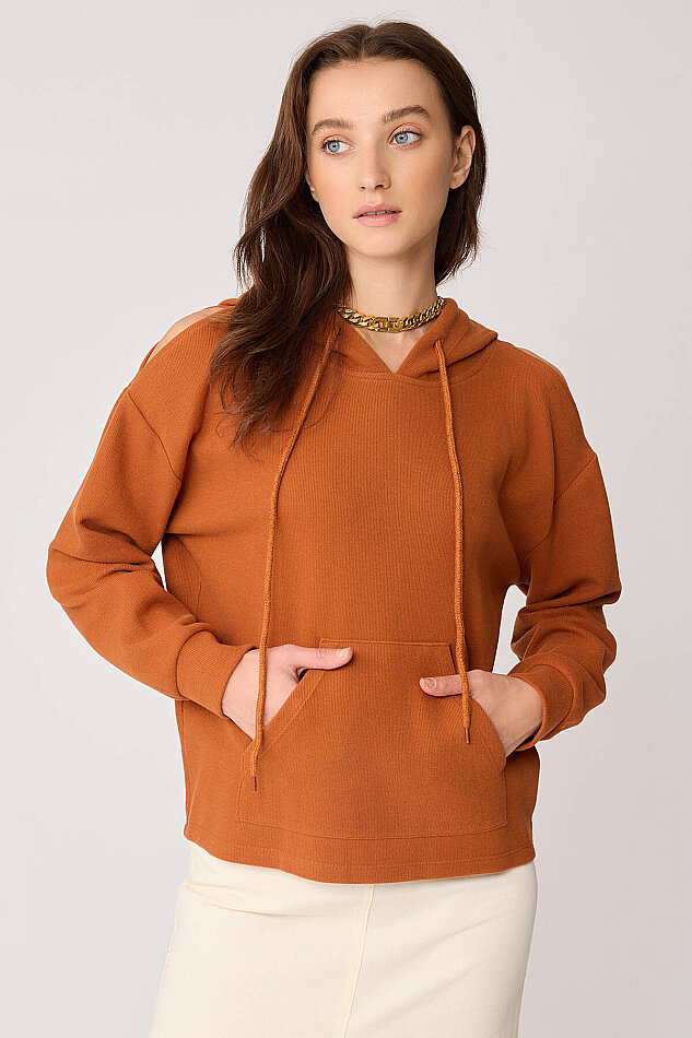 Omuz Dekolteli Kanguru Cep Kapüşonlu Sweatshirt - 23