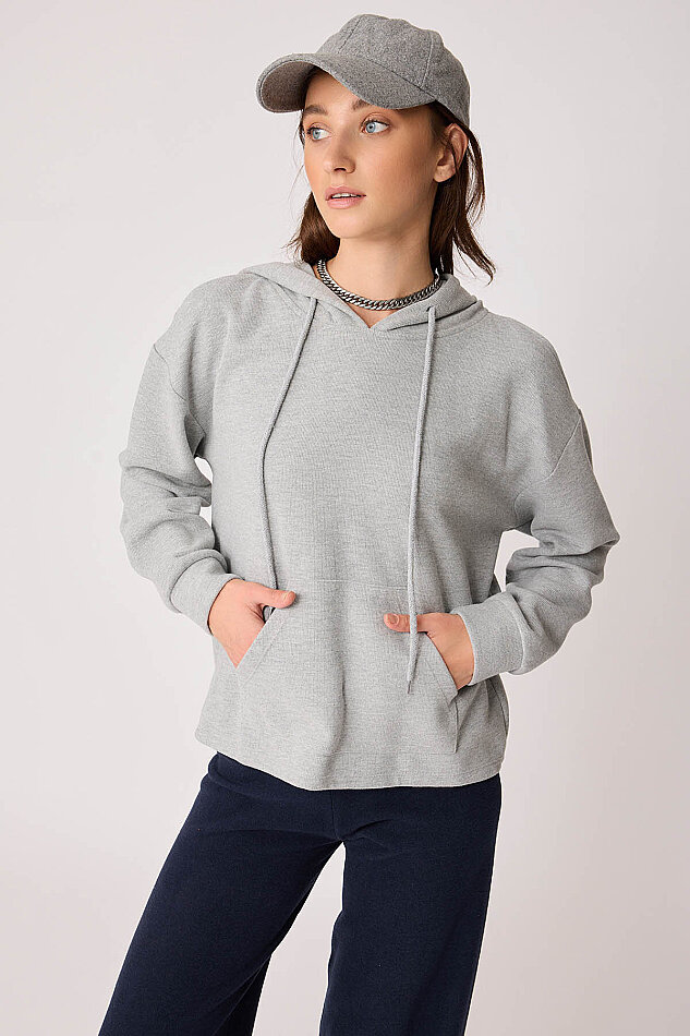 Omuz Dekolteli Kanguru Cep Kapüşonlu Sweatshirt - 27