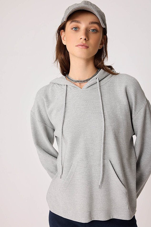 Omuz Dekolteli Kanguru Cep Kapüşonlu Sweatshirt - 28