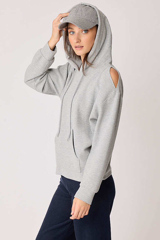 Omuz Dekolteli Kanguru Cep Kapüşonlu Sweatshirt - 30