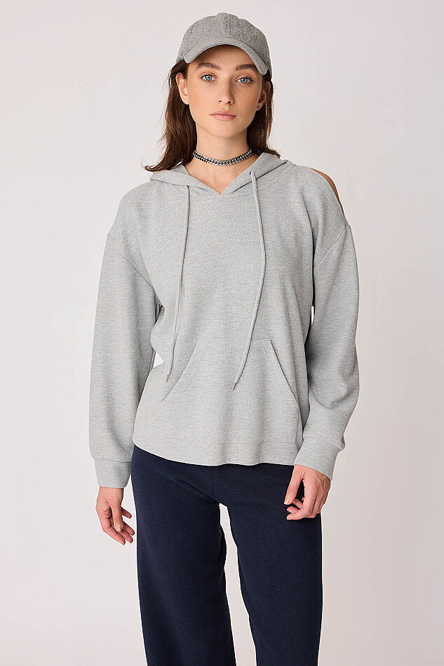 Omuz Dekolteli Kanguru Cep Kapüşonlu Sweatshirt - 25