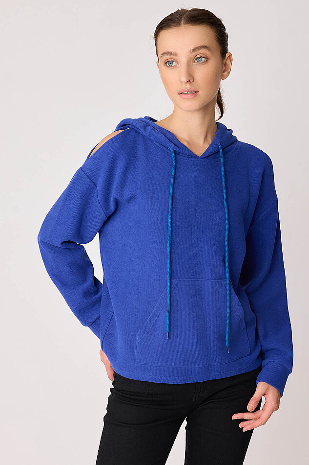 Omuz Dekolteli Kanguru Cep Kapüşonlu Sweatshirt - 31