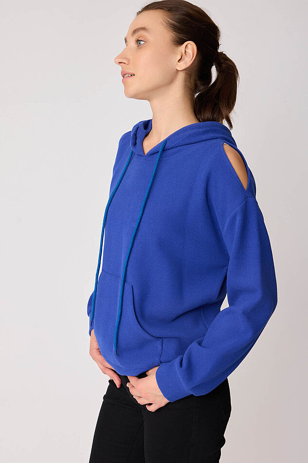 Omuz Dekolteli Kanguru Cep Kapüşonlu Sweatshirt - 34