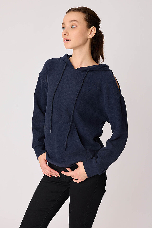 Omuz Dekolteli Kanguru Cep Kapüşonlu Sweatshirt - 38