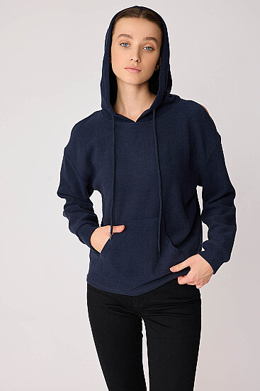 Omuz Dekolteli Kanguru Cep Kapüşonlu Sweatshirt - 40