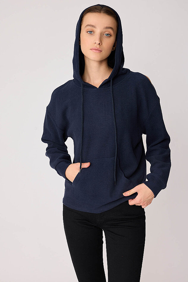 Omuz Dekolteli Kanguru Cep Kapüşonlu Sweatshirt - 40