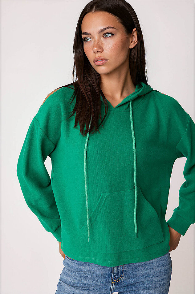 Omuz Dekolteli Kanguru Cep Kapüşonlu Sweatshirt - 44