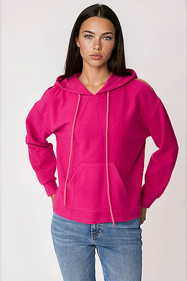 Omuz Dekolteli Kanguru Cep Kapüşonlu Sweatshirt - 1