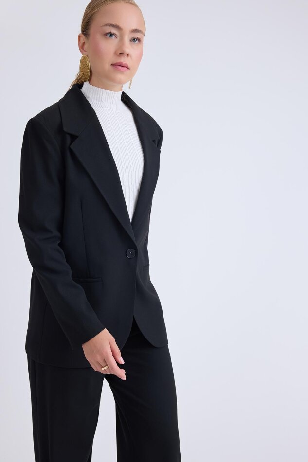 Önden Tek Düğme Kapamalı Blazer Ceket - 3